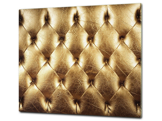 TEMPERED GLASS CHOPPING BOARD – Glass Cutting Board and Worktop Saver – Worktop protector; MEASURES: SINGLE: 60 x 52 cm (23,62” x 20,47”); DOUBLE: 30 x 52 cm (11,81” x 20,47”); D30 Decorative Surfaces Series: Golden leather upholstery 2