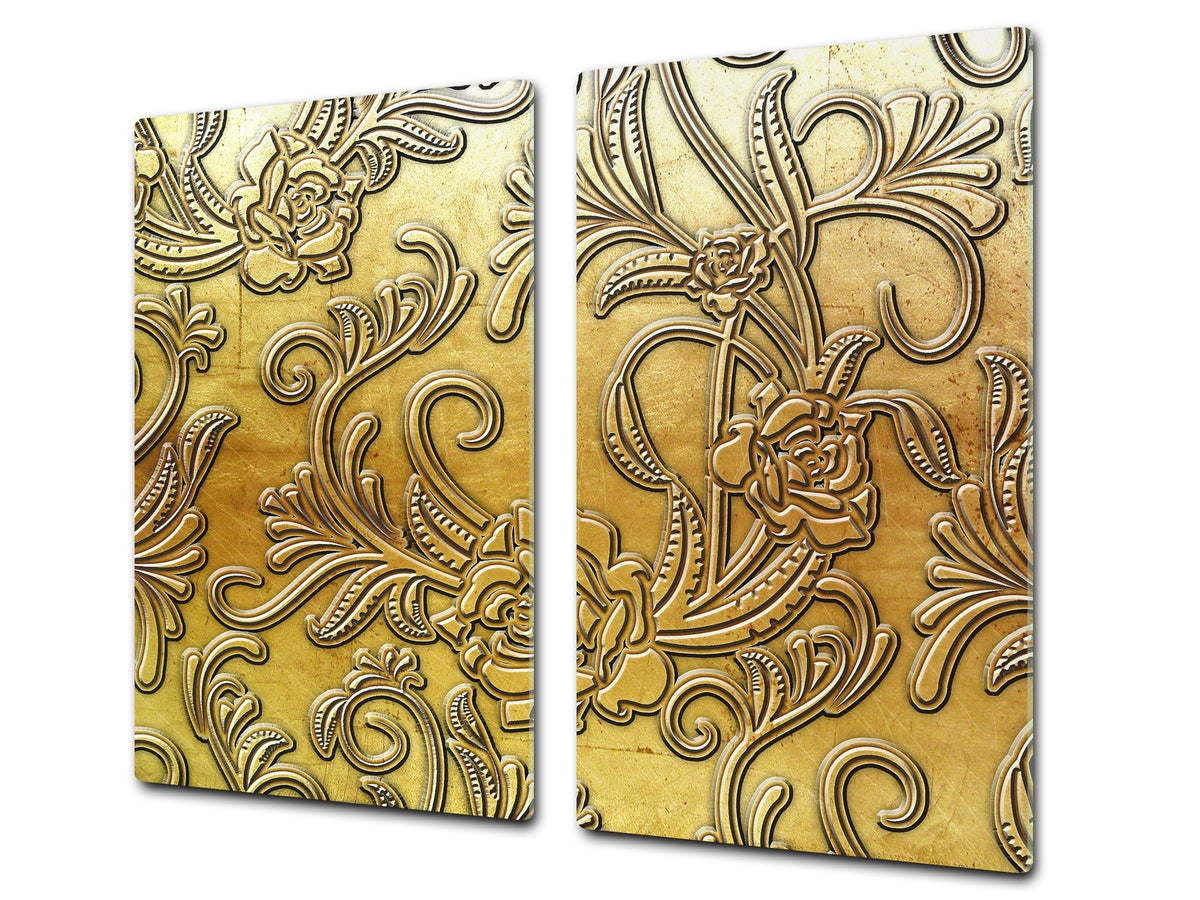 TEMPERED GLASS CHOPPING BOARD – Glass Cutting Board and Worktop Saver – Worktop protector; MEASURES: SINGLE: 60 x 52 cm (23,62” x 20,47”); DOUBLE: 30 x 52 cm (11,81” x 20,47”); D30 Decorative Surfaces Series: Metal flowers