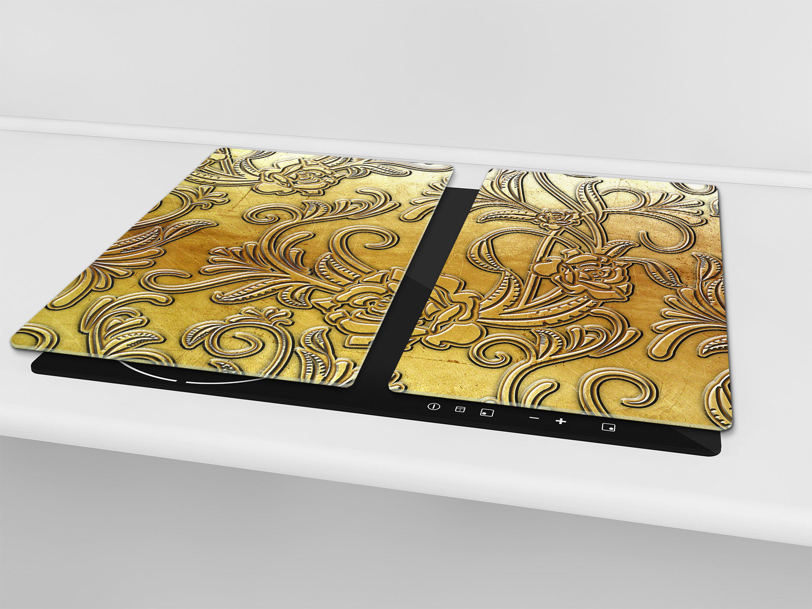 TEMPERED GLASS CHOPPING BOARD – Glass Cutting Board and Worktop Saver – Worktop protector; MEASURES: SINGLE: 60 x 52 cm (23,62” x 20,47”); DOUBLE: 30 x 52 cm (11,81” x 20,47”); D30 Decorative Surfaces Series: Metal flowers