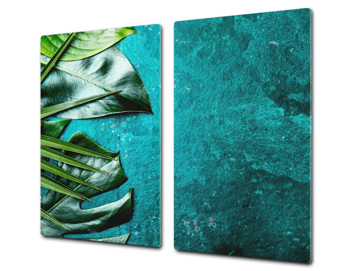Induction Cooktop Cover Kitchen Board – Impact Resistant Glass Pastry Board – Heat resistant; MEASURES: SINGLE: 60 x 52 cm (23,62” x 20,47”); DOUBLE: 30 x 52 cm (11,81” x 20,47”); D31 Tropical Leaves Series: Tropical leaves background