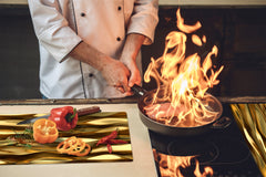 Tempered GLASS Cutting Board – Worktop saver and Pastry Board – Glass Kitchen Board; MEASURES: SINGLE: 60 x 52 cm (23,62” x 20,47”); DOUBLE: 30 x 52 cm (11,81” x 20,47”); D28 Golden Waves Series: Liquid gold 1