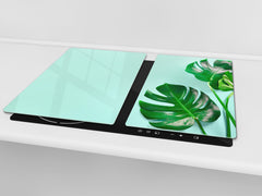 Induction Cooktop Cover Kitchen Board – Impact Resistant Glass Pastry Board – Heat resistant; MEASURES: SINGLE: 60 x 52 cm (23,62” x 20,47”); DOUBLE: 30 x 52 cm (11,81” x 20,47”); D31 Tropical Leaves Series: Monstera summer leaves