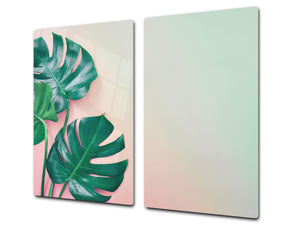 Induction Cooktop Cover Kitchen Board – Impact Resistant Glass Pastry Board – Heat resistant; MEASURES: SINGLE: 60 x 52 cm (23,62” x 20,47”); DOUBLE: 30 x 52 cm (11,81” x 20,47”); D31 Tropical Leaves Series: Monstera on pink background