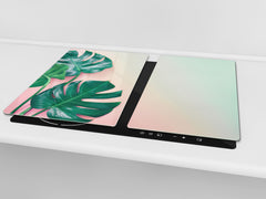 Induction Cooktop Cover Kitchen Board – Impact Resistant Glass Pastry Board – Heat resistant; MEASURES: SINGLE: 60 x 52 cm (23,62” x 20,47”); DOUBLE: 30 x 52 cm (11,81” x 20,47”); D31 Tropical Leaves Series: Monstera on pink background