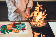 Induction Cooktop Cover Kitchen Board – Impact Resistant Glass Pastry Board – Heat resistant; MEASURES: SINGLE: 60 x 52 cm (23,62” x 20,47”); DOUBLE: 30 x 52 cm (11,81” x 20,47”); D31 Tropical Leaves Series: Monstera on pink background