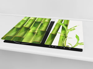 Tabla de cortar decorativa de cristal templado y cubre vitro – Dos en Uno – Resistente a golpes y arañazo; D08 Serie Naturaleza: Bambú bebé