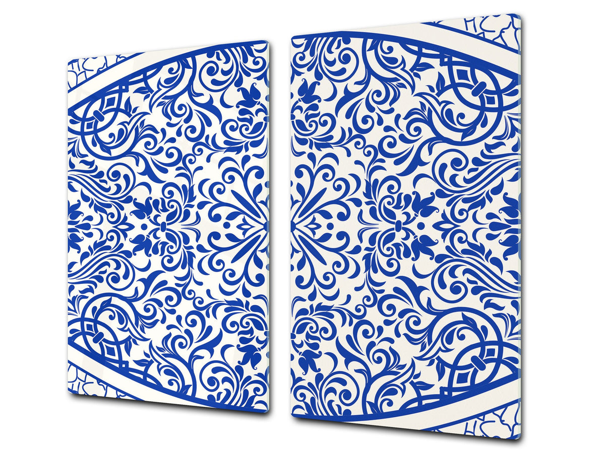 Tempered GLASS Kitchen Board – Impact & Scratch Resistant D27 Vintage leaves and patterns Series: Blue Spanish mosaic