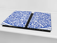 Tempered GLASS Kitchen Board – Impact & Scratch Resistant D27 Vintage leaves and patterns Series: Blue Spanish mosaic