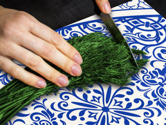 Tempered GLASS Kitchen Board – Impact & Scratch Resistant D27 Vintage leaves and patterns Series: Blue Spanish mosaic