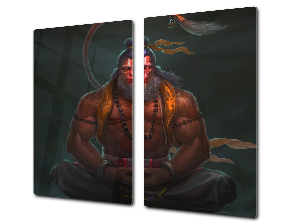 Chopping Board Set - Induction Cooktop Cover – Glass Cutting Board; MEASURES: SINGLE: 60 x 52 cm (23,62” x 20,47”); DOUBLE: 30 x 52 cm (11,81” x 20,47”); D33 Abstract Graphics Series: Image of God Hanuman