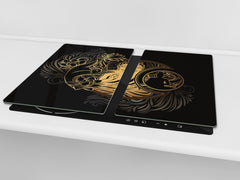 Chopping Board Set - Induction Cooktop Cover – Glass Cutting Board; MEASURES: SINGLE: 60 x 52 cm (23,62” x 20,47”); DOUBLE: 30 x 52 cm (11,81” x 20,47”); D33 Abstract Graphics Series: Ethnic spirituality