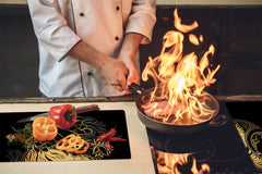 Chopping Board Set - Induction Cooktop Cover – Glass Cutting Board; MEASURES: SINGLE: 60 x 52 cm (23,62” x 20,47”); DOUBLE: 30 x 52 cm (11,81” x 20,47”); D33 Abstract Graphics Series: Ethnic spirituality