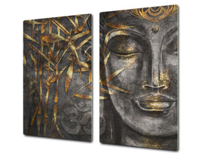 Chopping Board Set - Induction Cooktop Cover – Glass Cutting Board; MEASURES: SINGLE: 60 x 52 cm (23,62” x 20,47”); DOUBLE: 30 x 52 cm (11,81” x 20,47”); D33 Abstract Graphics Series: Golden Buddha