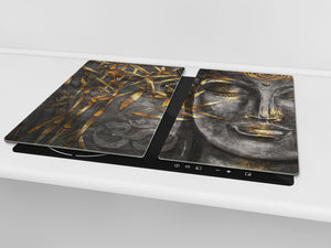Chopping Board Set - Induction Cooktop Cover – Glass Cutting Board; MEASURES: SINGLE: 60 x 52 cm (23,62” x 20,47”); DOUBLE: 30 x 52 cm (11,81” x 20,47”); D33 Abstract Graphics Series: Golden Buddha