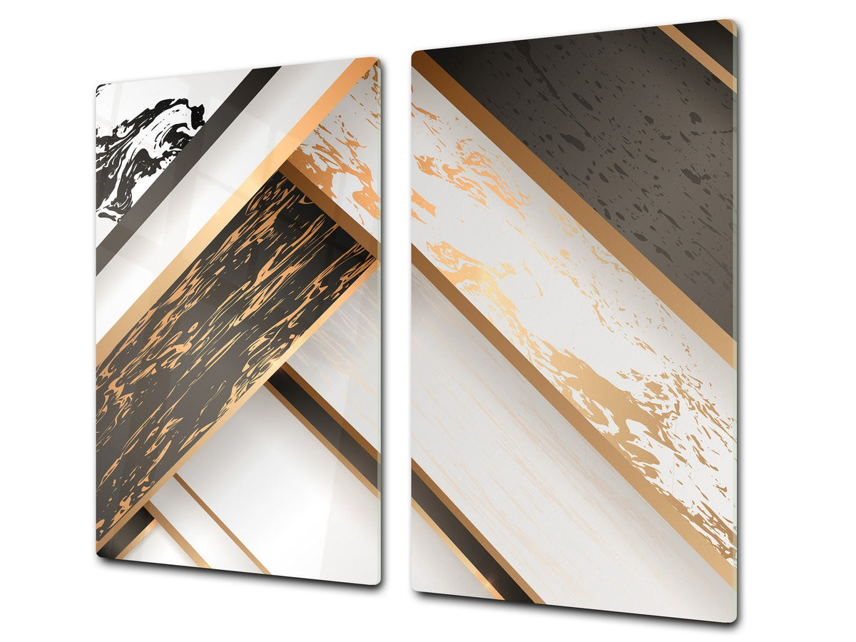 TEMPERED GLASS CHOPPING BOARD – Glass Cutting Board and Worktop Saver – Worktop protector; MEASURES: SINGLE: 60 x 52 cm (23,62” x 20,47”); DOUBLE: 30 x 52 cm (11,81” x 20,47”); D30 Decorative Surfaces Series: Black and white interwoven with gold 1