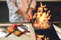 TEMPERED GLASS CHOPPING BOARD – Glass Cutting Board and Worktop Saver – Worktop protector; MEASURES: SINGLE: 60 x 52 cm (23,62” x 20,47”); DOUBLE: 30 x 52 cm (11,81” x 20,47”); D30 Decorative Surfaces Series: Black and white interwoven with gold 1