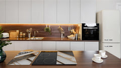 TEMPERED GLASS CHOPPING BOARD – Glass Cutting Board and Worktop Saver – Worktop protector; MEASURES: SINGLE: 60 x 52 cm (23,62” x 20,47”); DOUBLE: 30 x 52 cm (11,81” x 20,47”); D30 Decorative Surfaces Series: Black and white interwoven with gold 1