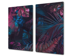 Induction Cooktop Cover Kitchen Board – Impact Resistant Glass Pastry Board – Heat resistant; MEASURES: SINGLE: 60 x 52 cm (23,62” x 20,47”); DOUBLE: 30 x 52 cm (11,81” x 20,47”); D31 Tropical Leaves Series: Fluorescent jungle