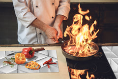 TEMPERED GLASS CHOPPING BOARD – Glass Cutting Board and Worktop Saver – Worktop protector; MEASURES: SINGLE: 60 x 52 cm (23,62” x 20,47”); DOUBLE: 30 x 52 cm (11,81” x 20,47”); D30 Decorative Surfaces Series: Leather tiles