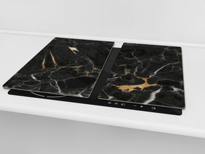 Chopping Board - Induction Cooktop Cover - Glass Cutting Board D22 Marbles 2 Series: Gold ripples on black background