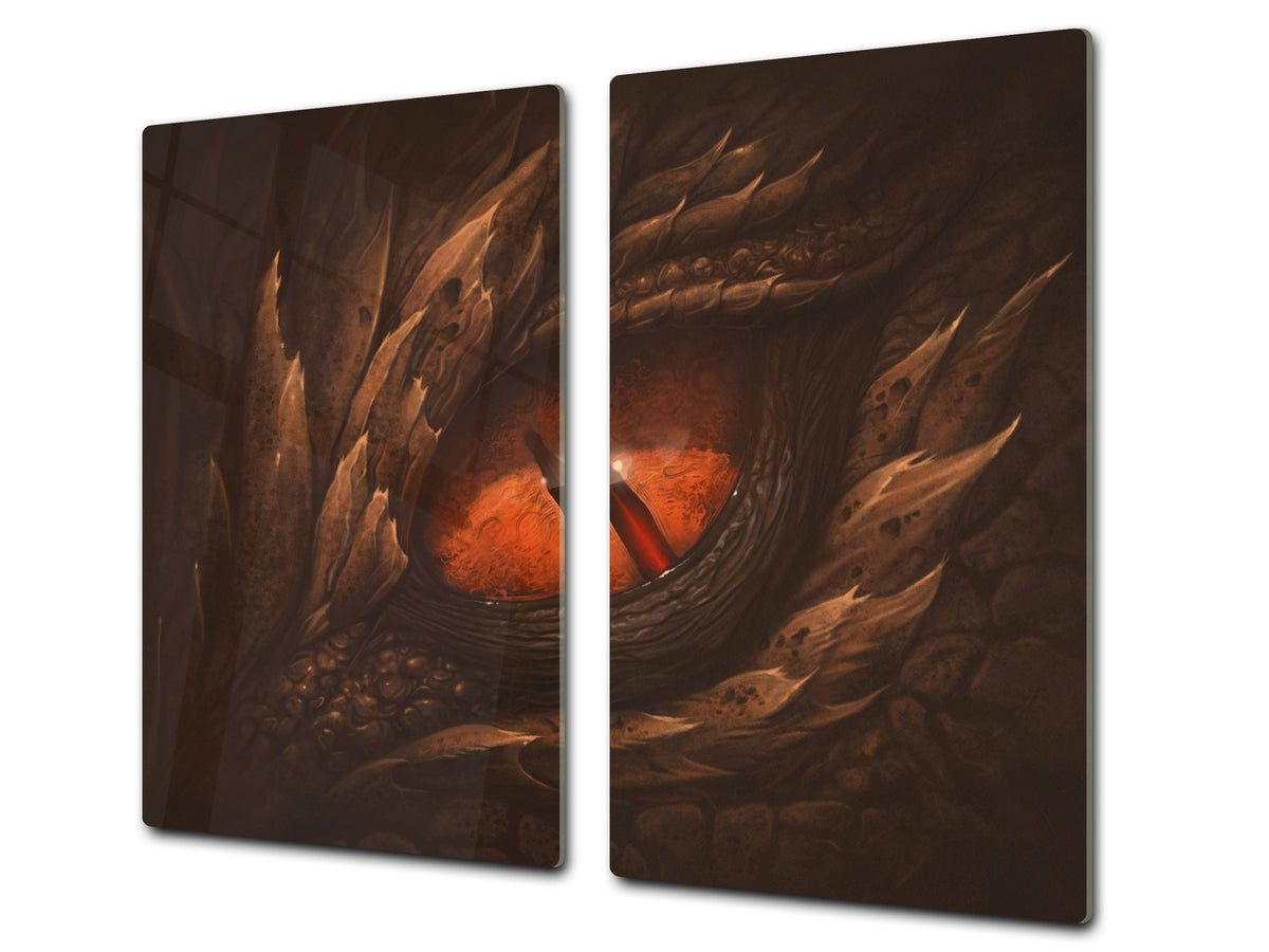 Chopping Board Set - Induction Cooktop Cover – Glass Cutting Board; MEASURES: SINGLE: 60 x 52 cm (23,62” x 20,47”); DOUBLE: 30 x 52 cm (11,81” x 20,47”); D33 Abstract Graphics Series: Eye of fantasy dragon