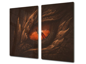 Chopping Board Set - Induction Cooktop Cover – Glass Cutting Board; MEASURES: SINGLE: 60 x 52 cm (23,62” x 20,47”); DOUBLE: 30 x 52 cm (11,81” x 20,47”); D33 Abstract Graphics Series: Eye of fantasy dragon