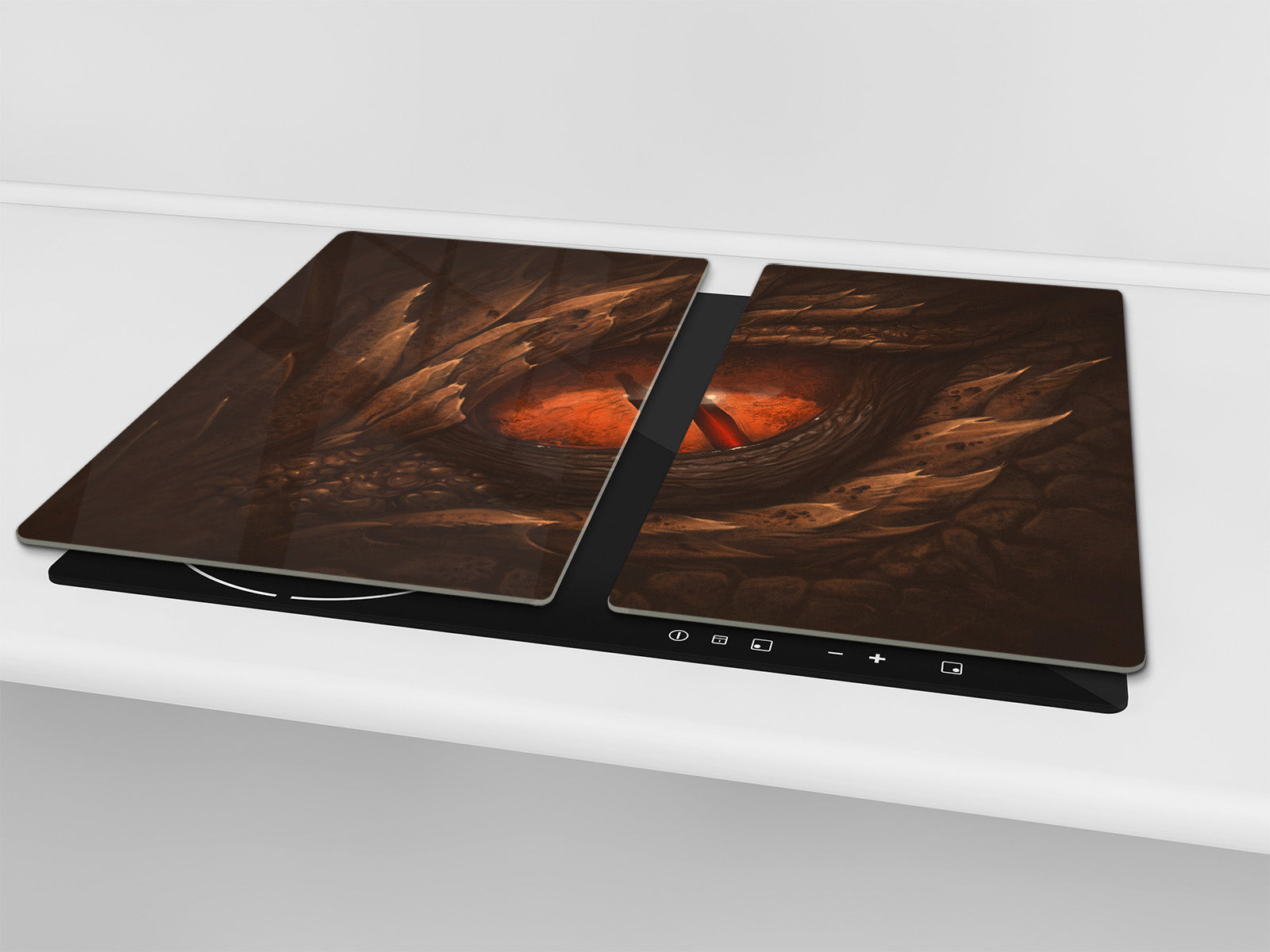 Chopping Board Set - Induction Cooktop Cover – Glass Cutting Board; MEASURES: SINGLE: 60 x 52 cm (23,62” x 20,47”); DOUBLE: 30 x 52 cm (11,81” x 20,47”); D33 Abstract Graphics Series: Eye of fantasy dragon