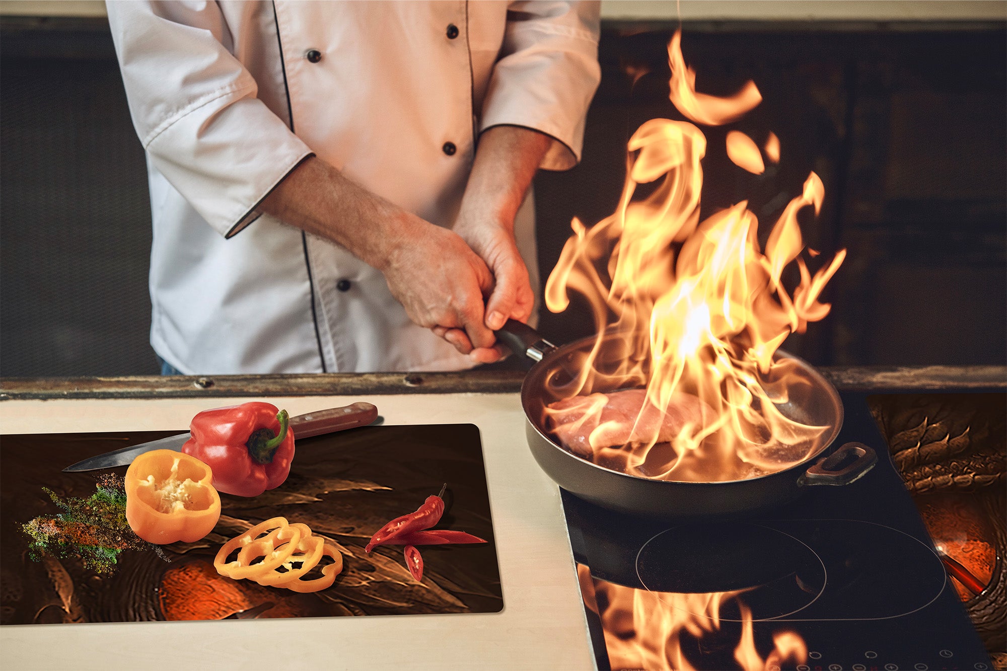 Chopping Board Set - Induction Cooktop Cover – Glass Cutting Board; MEASURES: SINGLE: 60 x 52 cm (23,62” x 20,47”); DOUBLE: 30 x 52 cm (11,81” x 20,47”); D33 Abstract Graphics Series: Eye of fantasy dragon