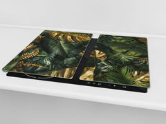 Induction Cooktop Cover Kitchen Board – Impact Resistant Glass Pastry Board – Heat resistant; MEASURES: SINGLE: 60 x 52 cm (23,62” x 20,47”); DOUBLE: 30 x 52 cm (11,81” x 20,47”); D31 Tropical Leaves Series: Gold-green jungle