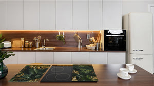 Induction Cooktop Cover Kitchen Board – Impact Resistant Glass Pastry Board – Heat resistant; MEASURES: SINGLE: 60 x 52 cm (23,62” x 20,47”); DOUBLE: 30 x 52 cm (11,81” x 20,47”); D31 Tropical Leaves Series: Gold-green jungle