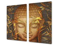 Chopping Board Set - Induction Cooktop Cover – Glass Cutting Board; MEASURES: SINGLE: 60 x 52 cm (23,62” x 20,47”); DOUBLE: 30 x 52 cm (11,81” x 20,47”); D33 Abstract Graphics Series: Hand-drawn Buddha