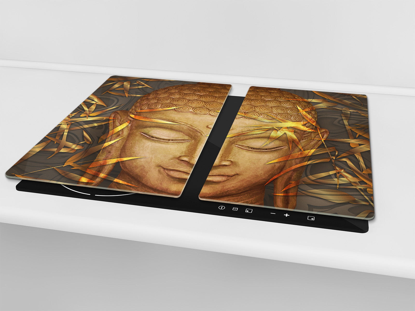Chopping Board Set - Induction Cooktop Cover – Glass Cutting Board; MEASURES: SINGLE: 60 x 52 cm (23,62” x 20,47”); DOUBLE: 30 x 52 cm (11,81” x 20,47”); D33 Abstract Graphics Series: Hand-drawn Buddha