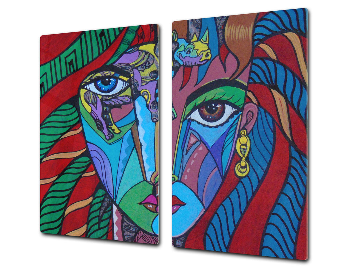 Induction Cooktop Cover –Shatter Resistant Glass Kitchen Board – Hob cover; MEASURES: SINGLE: 60 x 52 cm (23,62” x 20,47”); DOUBLE: 30 x 52 cm (11,81” x 20,47”); D32 Paintings Series: Cubism illustration of an elegant woman