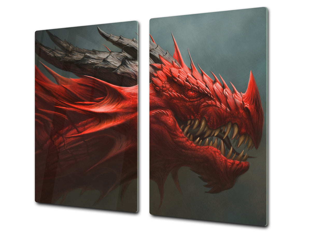Chopping Board Set - Induction Cooktop Cover – Glass Cutting Board; MEASURES: SINGLE: 60 x 52 cm (23,62” x 20,47”); DOUBLE: 30 x 52 cm (11,81” x 20,47”); D33 Abstract Graphics Series: Fierce dragon