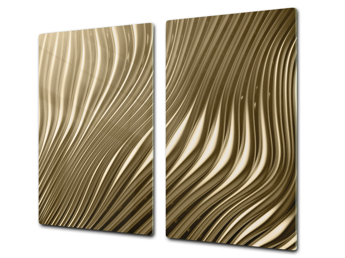 Tempered GLASS Cutting Board – Worktop saver and Pastry Board – Glass Kitchen Board; MEASURES: SINGLE: 60 x 52 cm (23,62” x 20,47”); DOUBLE: 30 x 52 cm (11,81” x 20,47”); D28 Golden Waves Series: Golden metal strips
