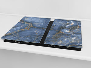 CUTTING BOARD and Cooktop Cover - Impact & Shatter Resistant Glass D21 Marbles 1 Series: Blue marble with light reflections
