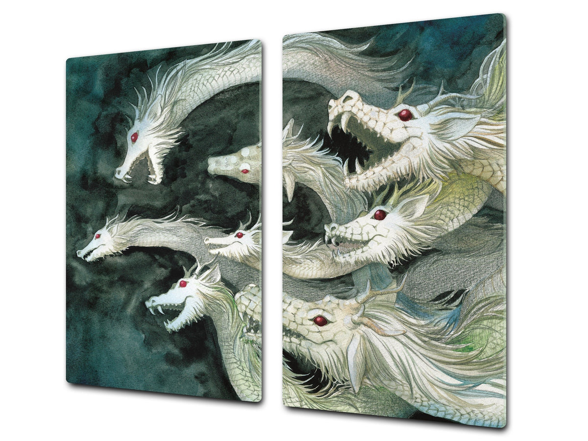 Chopping Board Set - Induction Cooktop Cover – Glass Cutting Board; MEASURES: SINGLE: 60 x 52 cm (23,62” x 20,47”); DOUBLE: 30 x 52 cm (11,81” x 20,47”); D33 Abstract Graphics Series: Ancient monster