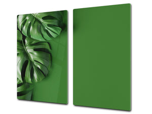 Induction Cooktop Cover Kitchen Board – Impact Resistant Glass Pastry Board – Heat resistant; MEASURES: SINGLE: 60 x 52 cm (23,62” x 20,47”); DOUBLE: 30 x 52 cm (11,81” x 20,47”); D31 Tropical Leaves Series: Green monstera deliciosa
