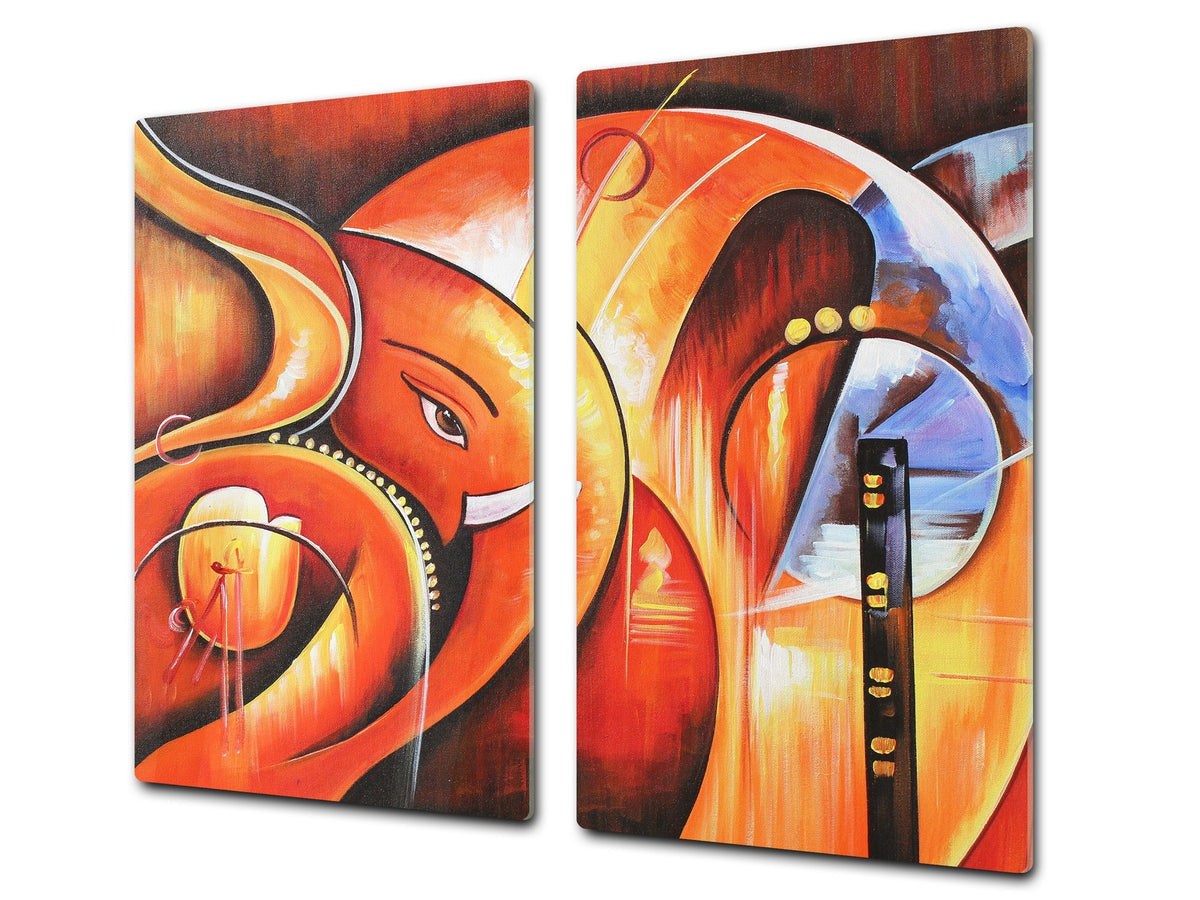 Chopping Board Set - Induction Cooktop Cover – Glass Cutting Board; MEASURES: SINGLE: 60 x 52 cm (23,62” x 20,47”); DOUBLE: 30 x 52 cm (11,81” x 20,47”); D33 Abstract Graphics Series: Ethnic abstraction