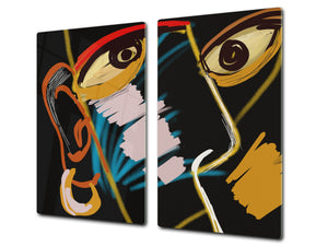 Chopping Board Set - Induction Cooktop Cover – Glass Cutting Board; MEASURES: SINGLE: 60 x 52 cm (23,62” x 20,47”); DOUBLE: 30 x 52 cm (11,81” x 20,47”); D33 Abstract Graphics Series: African warrior
