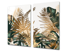 Induction Cooktop Cover Kitchen Board – Impact Resistant Glass Pastry Board – Heat resistant; MEASURES: SINGLE: 60 x 52 cm (23,62” x 20,47”); DOUBLE: 30 x 52 cm (11,81” x 20,47”); D31 Tropical Leaves Series: Tropical pattern