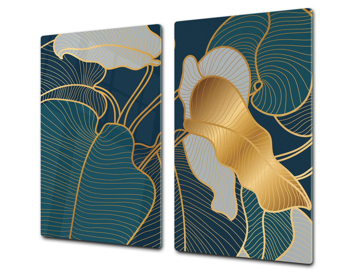 Induction Cooktop Cover Kitchen Board – Impact Resistant Glass Pastry Board – Heat resistant; MEASURES: SINGLE: 60 x 52 cm (23,62” x 20,47”); DOUBLE: 30 x 52 cm (11,81” x 20,47”); D31 Tropical Leaves Series: Art deco wallpaper 2