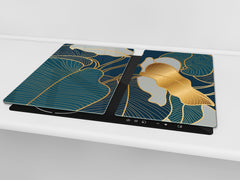 Induction Cooktop Cover Kitchen Board – Impact Resistant Glass Pastry Board – Heat resistant; MEASURES: SINGLE: 60 x 52 cm (23,62” x 20,47”); DOUBLE: 30 x 52 cm (11,81” x 20,47”); D31 Tropical Leaves Series: Art deco wallpaper 2