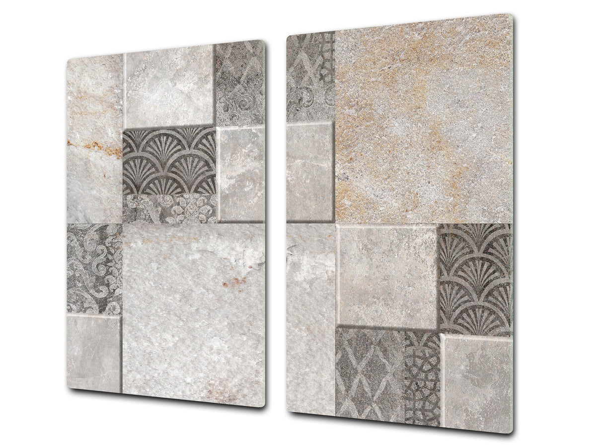 Tempered GLASS Kitchen Board – Impact & Scratch Resistant D27 Vintage leaves and patterns Series: Stone mosaic background