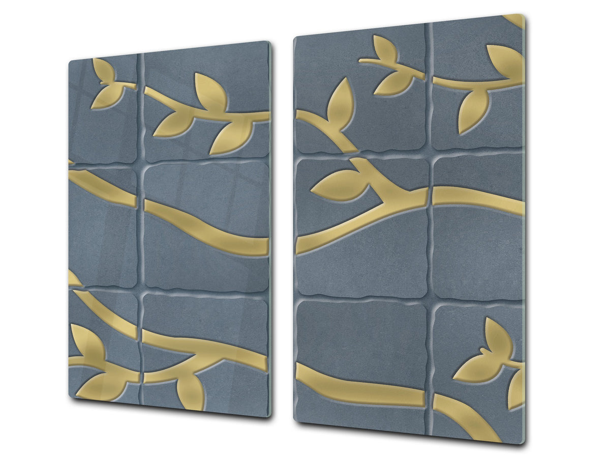 KITCHEN BOARD & Induction Cooktop Cover – Glass Pastry Board D25 Textures and tiles 1 Series: Golden branches on a blue background