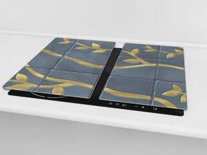 KITCHEN BOARD & Induction Cooktop Cover – Glass Pastry Board D25 Textures and tiles 1 Series: Golden branches on a blue background