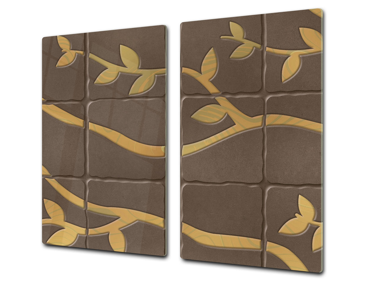 KITCHEN BOARD & Induction Cooktop Cover – Glass Pastry Board D25 Textures and tiles 1 Series: Golden branches on a brown background