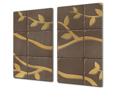 KITCHEN BOARD & Induction Cooktop Cover – Glass Pastry Board D25 Textures and tiles 1 Series: Golden branches on a brown background