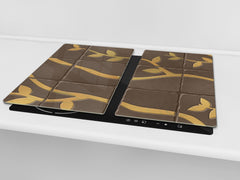 KITCHEN BOARD & Induction Cooktop Cover – Glass Pastry Board D25 Textures and tiles 1 Series: Golden branches on a brown background