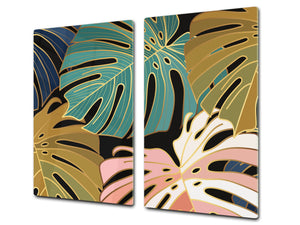 Induction Cooktop Cover Kitchen Board – Impact Resistant Glass Pastry Board – Heat resistant; MEASURES: SINGLE: 60 x 52 cm (23,62” x 20,47”); DOUBLE: 30 x 52 cm (11,81” x 20,47”); D31 Tropical Leaves Series: Vector art